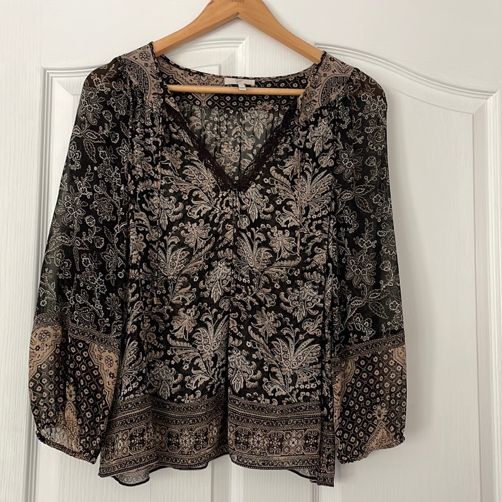 Joie Black & Tan Paisley Pattern Sheer 100% Silk Blouse